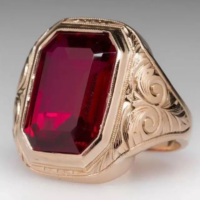 Men's Ring Gold Red Ruby Gemstone Lab-created Antique Victorian Large Solitaire