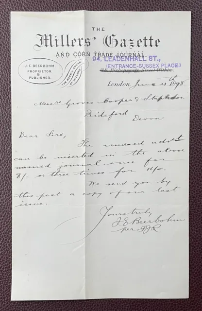 1898 Millers' Gazette, Leadenhall St Letter Groves, Cooper & Stapledon, Bideford
