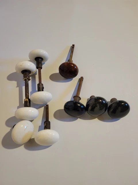Antique Vintage Bennington Porcelain Door Knobs & Spindle Marble Swirl Lot