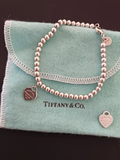 Tiffany & Co. Return To Genuine Silver Heart 4mm Mini Bead Ball Bracelet 5.5"