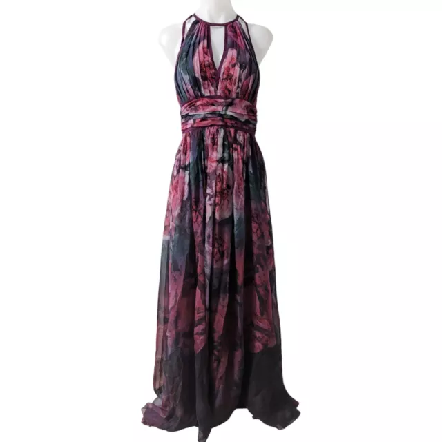 Marchesa Notte Size 2 Plum Floral Print Chiffon Gown Maxi Dress Pink Sleeveless