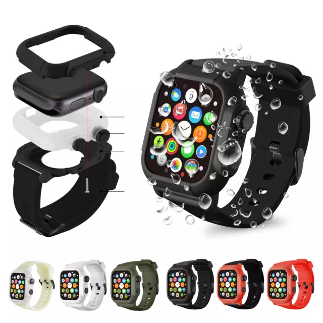 IP68 Waterproof Silicone Sport Watch Case Strap For Apple Watch Band 42 44 45mm