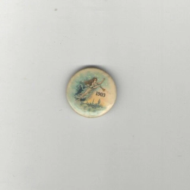 Vintage 1903 Happy NEW YEAR pin ART NOUVEAU ANGEL blows HORN at Midnight pinback