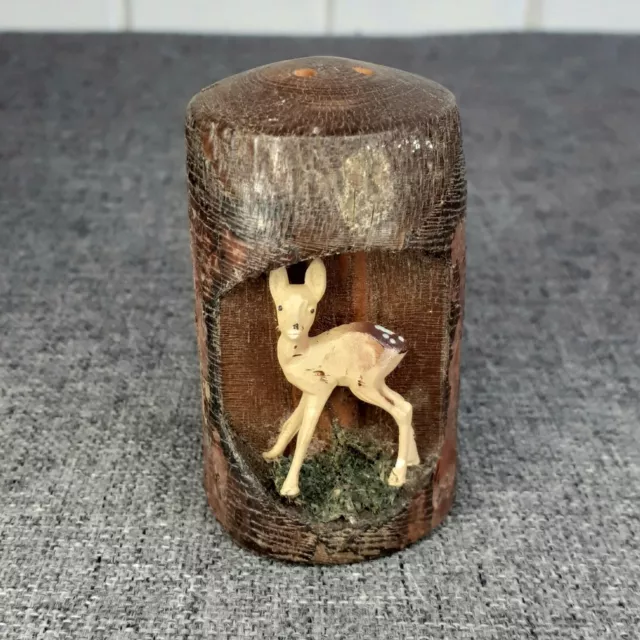 Vintage Wooden Deer Pepper Pot Salt Shaker Cruet Early Plastic Fawn Detail Retro