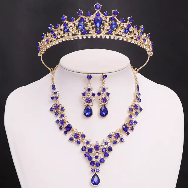 Elegant Crystal Necklace Earrings Tiara Crown Set For Women Wedding Bridal Prom