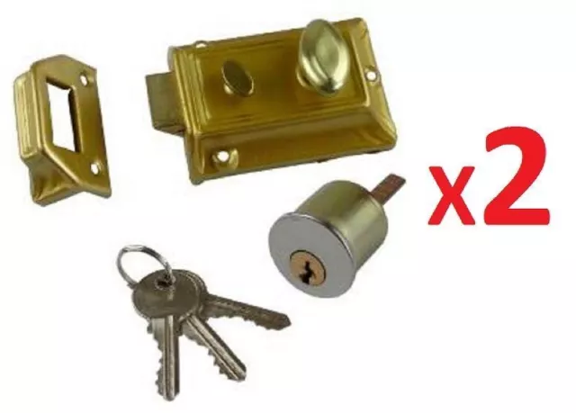 X2 Brass Front Door 60Mm Backset Lock Rim Night Latch Plus 3 Keys