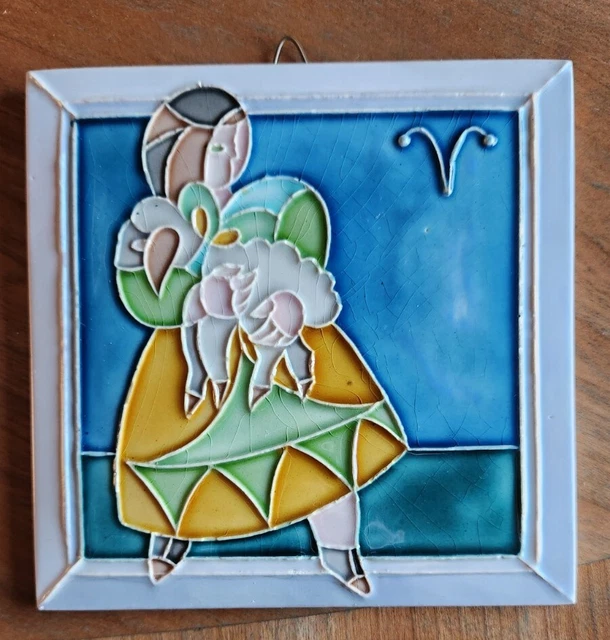 Vintage GOFER Israel Ceramic Art Tile Hand Made Wall Plaque Aries Ram zodiac