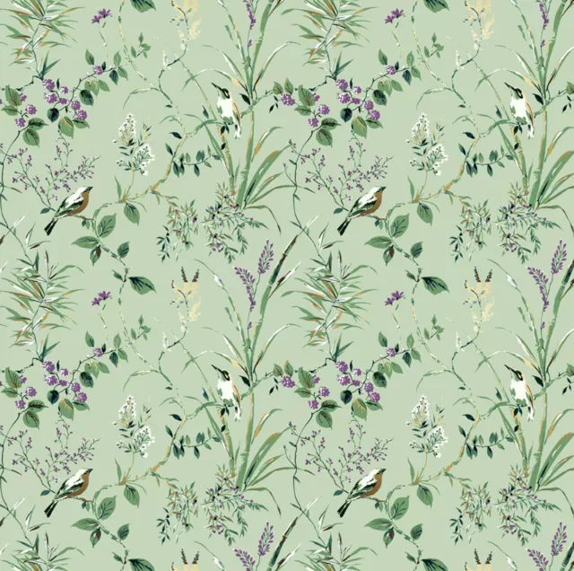 Dolls House Wallpaper 1/12th 1/24th scale Green  Floral Birds Quality Paper #310