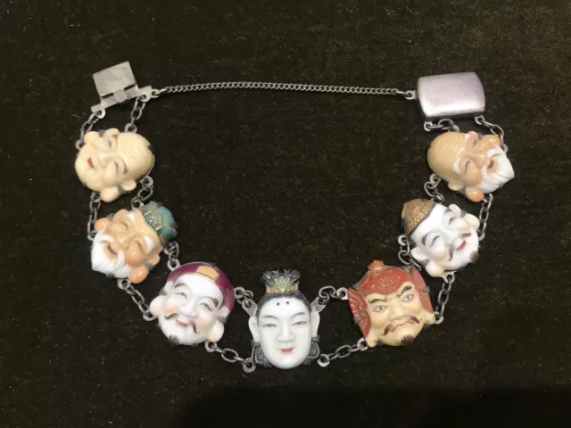 Toshikane Arita Porcelain Bracelet With Seven Gods Japan 1920s Sterling Silver