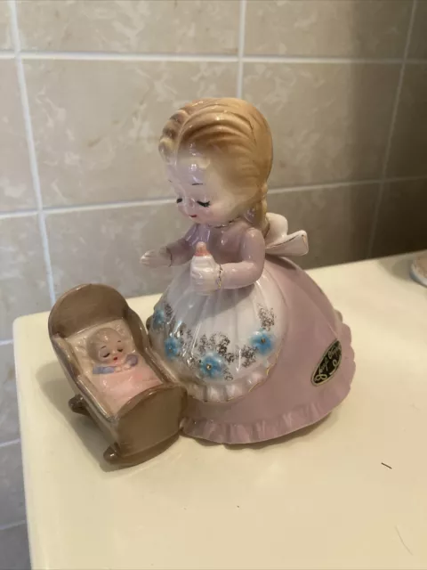 Vintage Josef Originals Girl W/ Baby Crib Doll Bottle Feeding Figurine Htf