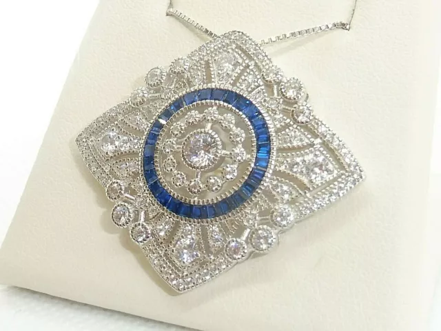 Ladies Art Deco Style Sterling 925 Silver Blue White Sapphire Necklace / Brooch 2