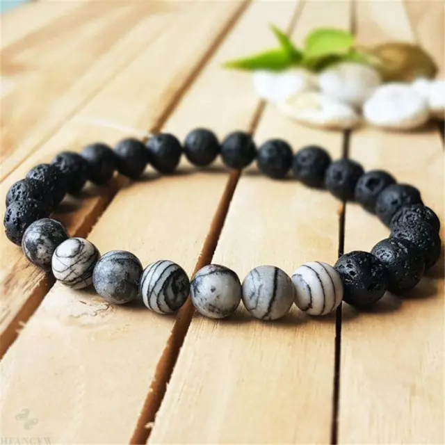 8mm Natural Lava Stone Beads Handmade Bracelet 7.5inch Religious  Cuff Lucky