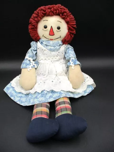 20" Vintage Raggedy Ann Doll with Black Outlined Nose Plaid Legs Shoe Button Eye