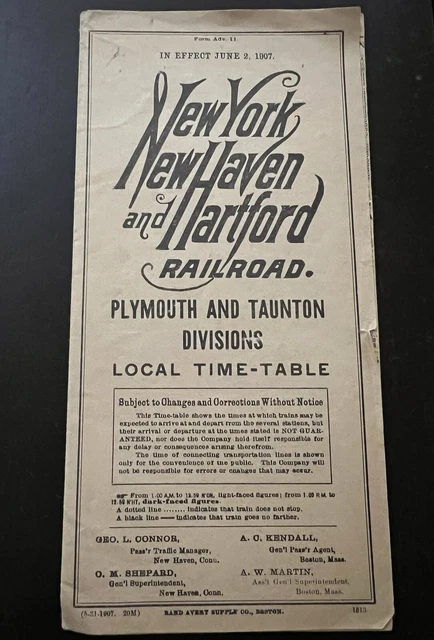 ATQ 1907 New York New Haven & Hartford Railroad Zeittisch Plymouth Taunton Div