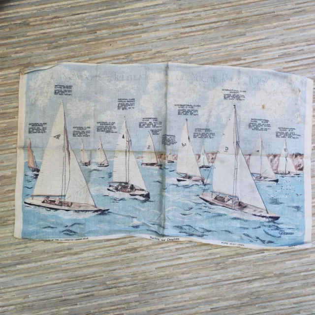 Newport to Bermuda Yacht Race 1966 Irish linen Tea Towel FADED worn boat class