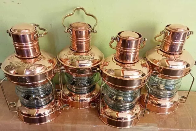 Lots Of 4 Antique Lantern Boat Light Brass & Copper Anchor Maritime Oil Lamp