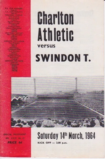 Charlton Athletic v Swindon Town 14.03.1964 Football League Division 2