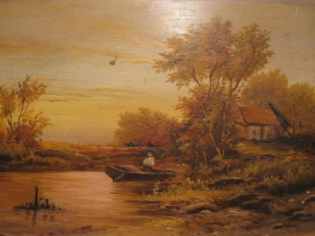 Antique American Folk Art Painting Oil On Board Fishing Boat Lake Impressionism