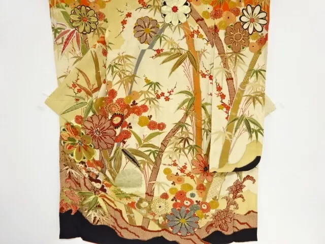 82830# Japanese Kimono / Antique Furisode / Embroidery / Bamboo Grass & Flow