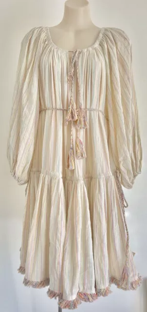 ZIMMERMANN Robe en coton à volants Manches blouson SZ 1-S beige rayé pompon...