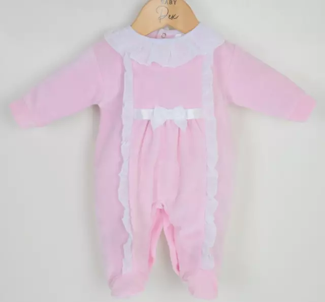 Baby Mädchen Spanischer Schlafanzug Rosa Spitze & Schleife Velour Trompler Neugeborenes Mädchen Geschenk