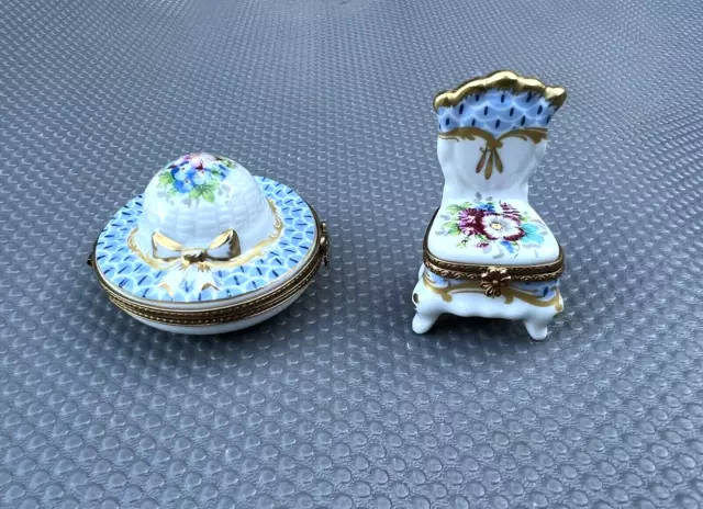 Vintage Limoges France Trinket Box Matching Pair FLORAL Sun Hat & Chair