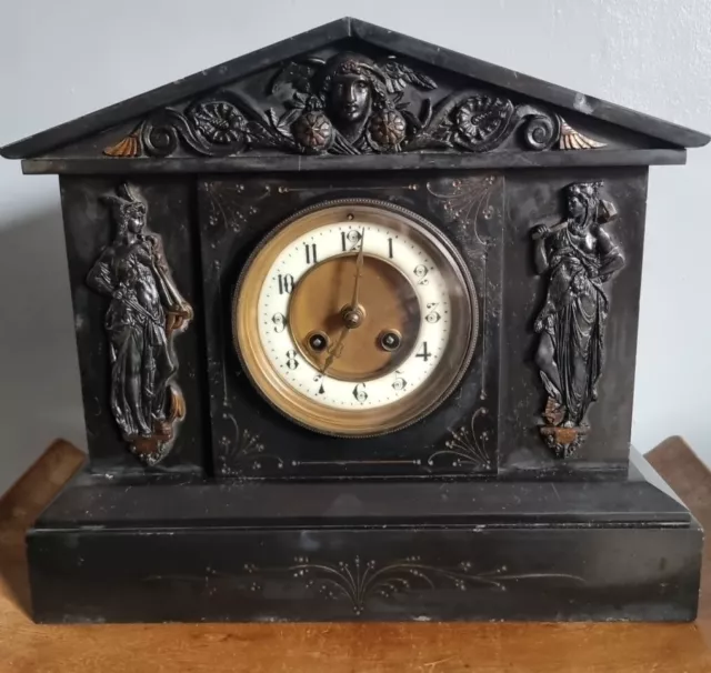 Antique Early 1900's French Ornate Slate & Marble Mantle Clock For Restoration