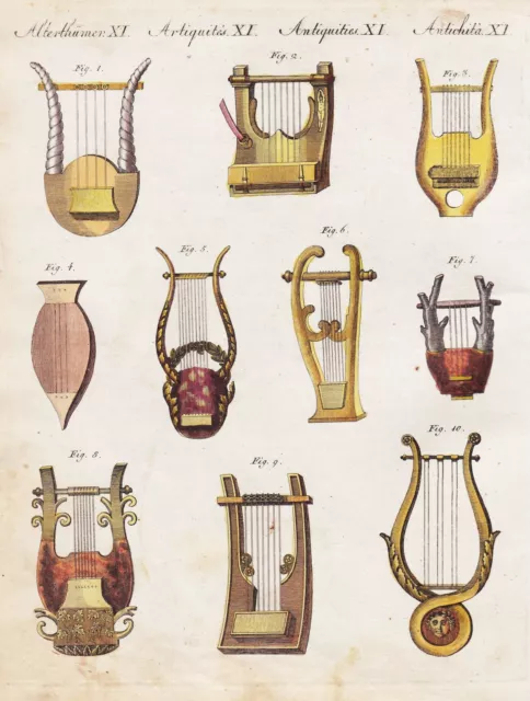 Musikinstrumente musical instruments Harfe Zither harp Bertuch Kupferstich 1802