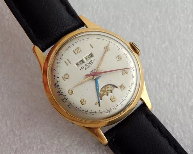 Vintage Manual Hermes Moon Phase Triple Date Silver Dial 33Mm Goldplated Case