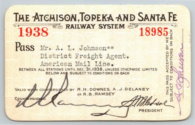 Vintage Railroad Annual Pass Atchison Topeka and Santa Fe Railway 1938 18985