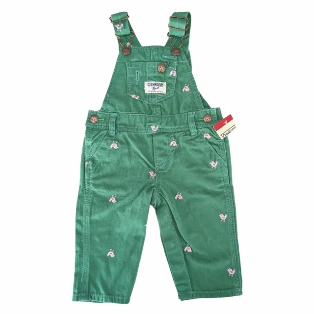 NEW OshKosh B'Gosh Baby Girls Green & Pink Embroidered Bird Overalls Size 6M
