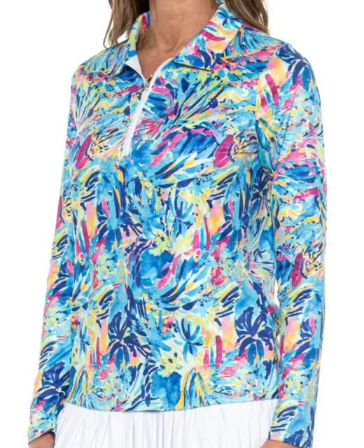 NWT Ladies STELLA PARKER Blue Fuchsia Yellow Long Sleeve Polo Golf Shirt  M L XL