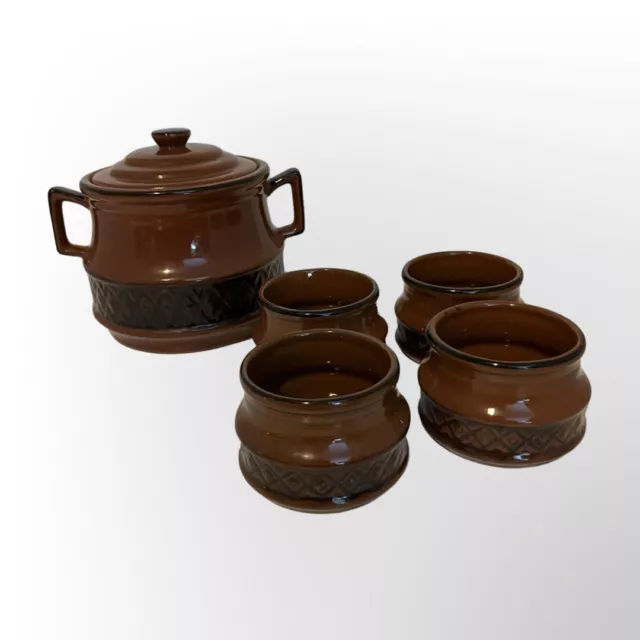 Baking Crock And 4 bowls Oven Proof Glazed Terracotta Made In Japan 1.5 Litre
