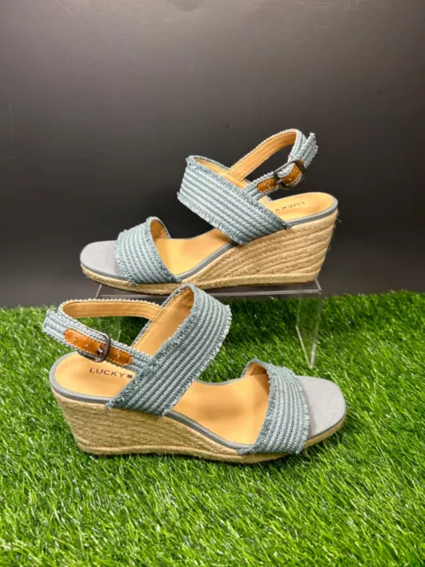 Lucky Brand Espadrille Sandals Womens 8.5 M  Blue Wedge Leather Casual Minjah