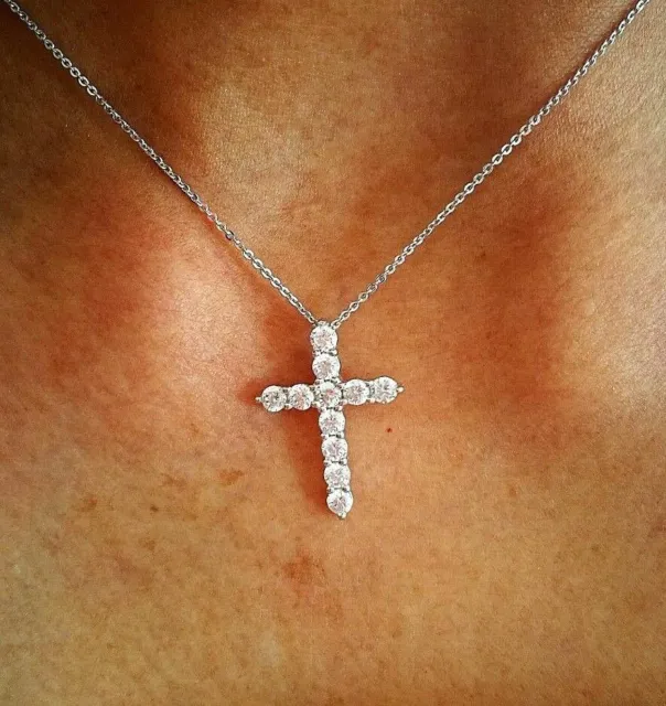 1Ct Diamond Cross Pendant Necklace with Chain 9K White Gold over Women's Men's