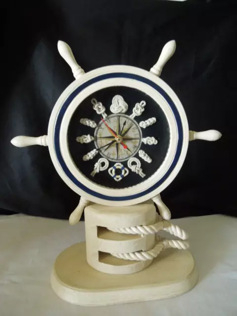 Ships Wheel Mantel Shelf Clock Wood Block & Tackle Sailor Knot Dial Made in USA