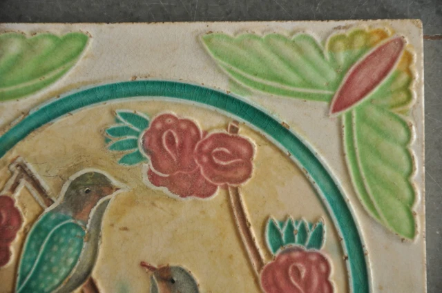 Vintage Love Birds Picture Embossed Ceramic Tile,Japan 4