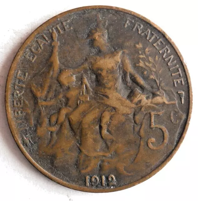 1912 FRANCE 5 CENTIMES - Excellent Coin - FREE SHIP - Vintage Bin #16