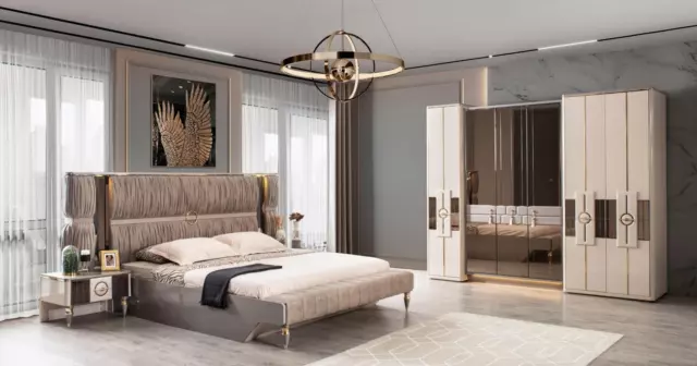 Luxe Lit Double Ensemble Lit Beige Bois Moderne Chambre à Coucher Set 3tlg