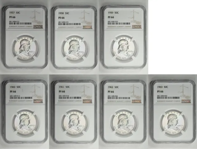 1957 - 1963 50c Silver Proof Franklin Half Dollar NGC PF 66 Seven Coin Lot