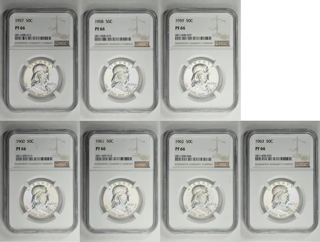 1957 - 1963 50c Silver Proof Franklin Half Dollar NGC PF 66 Seven Coin Lot