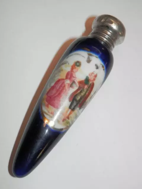 Antique Porcelain Hand Painted Scent Bottle - Hallmarked Silver Top B'ham 1904