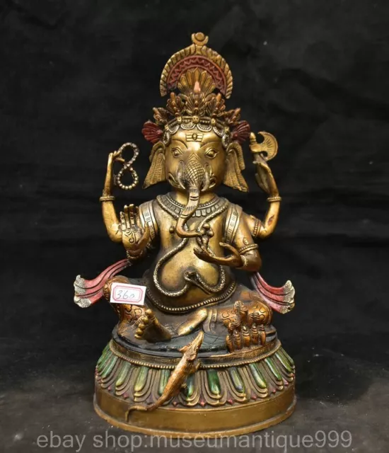 12" Old Chinese Bronze Gilt Buddhism Elephant Trunked Wealth God Buddha Statue