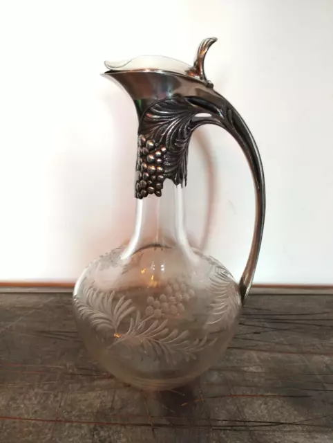 Aiguière Carafe Verre Gravé Métal Argenté Gallia Mimosa Art Nouveau Jugendstil