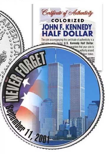 World Commerce Centre " Never Forget " 9/11 Colorisé Jfk Kennedy Demi Dollar !
