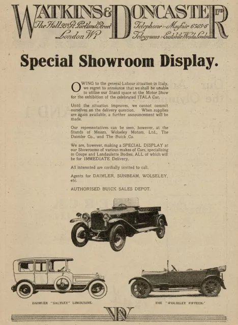 1920s Original Vintage Watkins & Doncaster Buick Daimler Wolseley Car Print Ad
