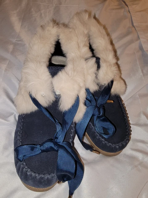 NEW Tory Burch Aberdeen Fur -Lined Suede Slipper, Blue Size 6