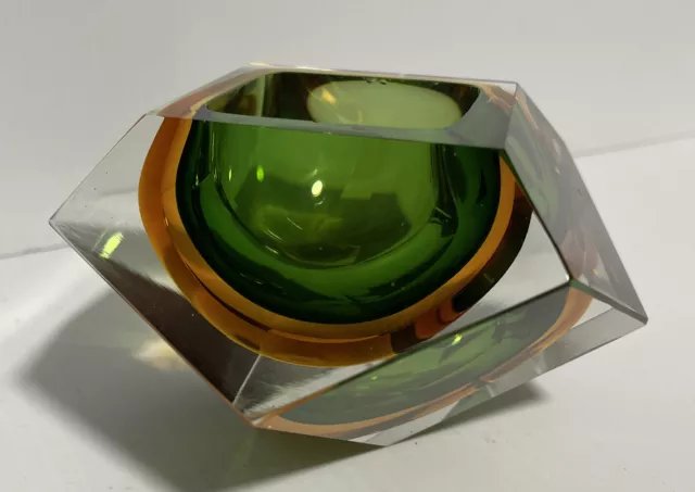 VTG 1960s Mandruzzato Murano Sommerso Flavio Poli (?) Green Glass Diamond Cut