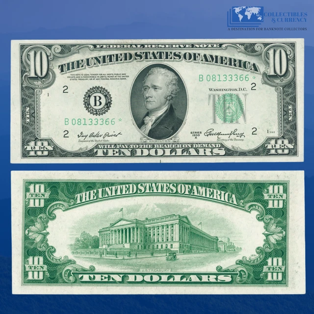 Fr.2011-B* 1950A $10 Ten Dollars Bill, FRN New York, Star Note, AU #3366