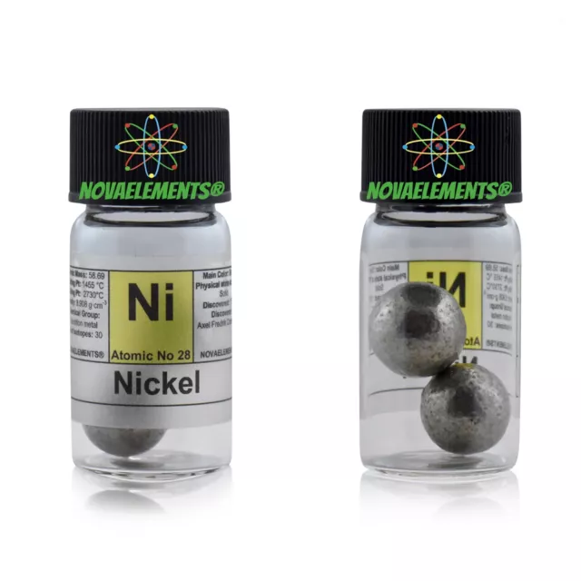 >10 grams 99,99% Nickel metal shiny spheres element 28 N, in labeled glass vial